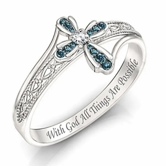 Hollow Cross Silver Crown Green Turquoise Gemstone Ring - Picture 2 of 3